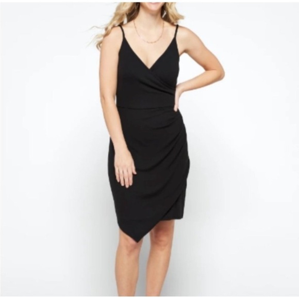 Goldray Black Ribbed Wrap Midi Dress Spaghetti Strap Asymmetrical Hem Medium